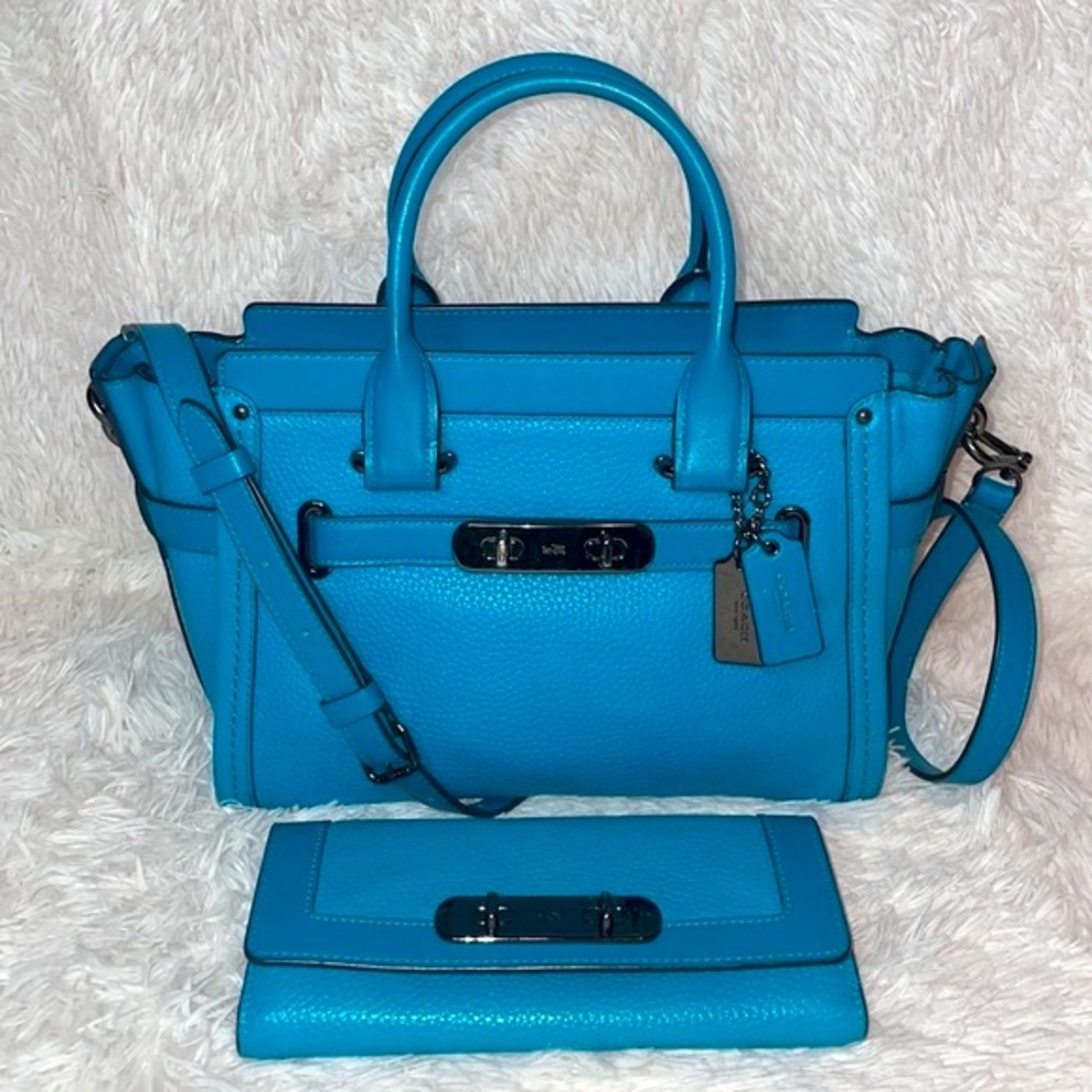 Coach Swagger 27 Turquoise Satchel Crossbody Purse Shoulder Bag & Wallet Set